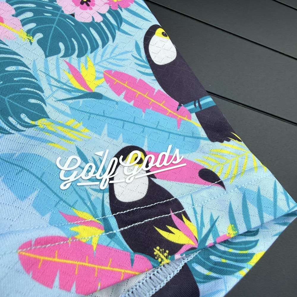 Golf Gods Polo Mens Medium Blue Toucan Tropical Print Golf Performance Shirt